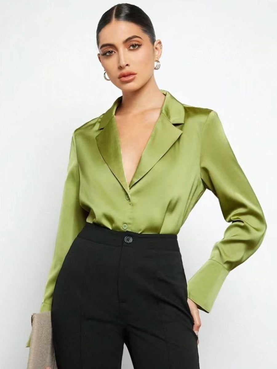Bella Mia satin faux silk long sleeve shirt for women, minimalist spring summer top with a sleek, elegant design.