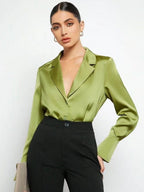 Bella Mia satin faux silk long sleeve shirt for women, minimalist spring summer top with a sleek, elegant design.