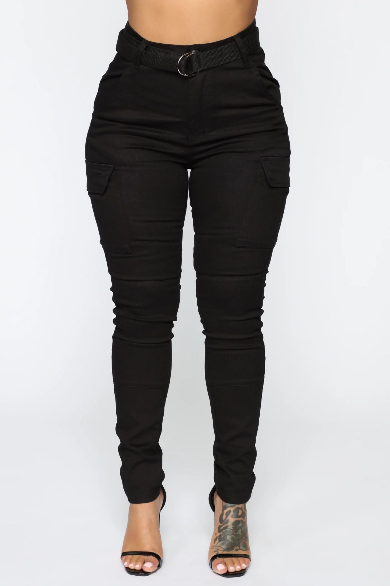 Casual women's four-season skinny sports trousers in stretch fabric with belt from Plush Fashion Hub, suitable for active wear and daily use.