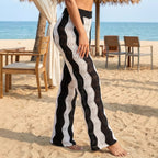 Women's beach casual pants with black and white striped patchwork, hollow out cutout design, by Plush Fashion Hub