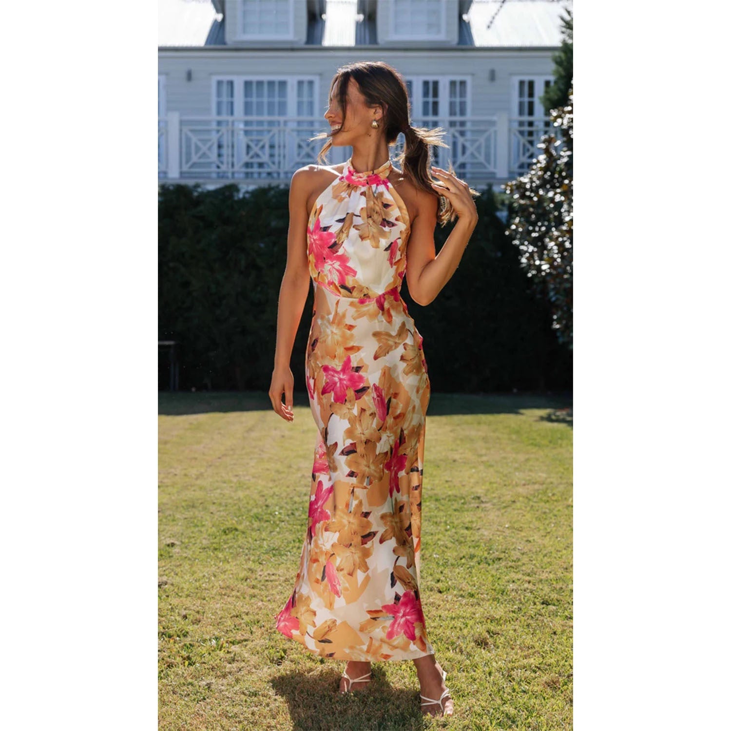 Floral digital print halter mid-length dress from Plush Fashion Hub, perfect for spring and summer wear