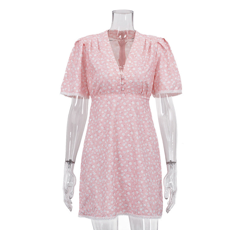 Women’s summer floral dress by Plush Fashion Hub featuring a V-neck, short sleeves, high waist, and casual style.