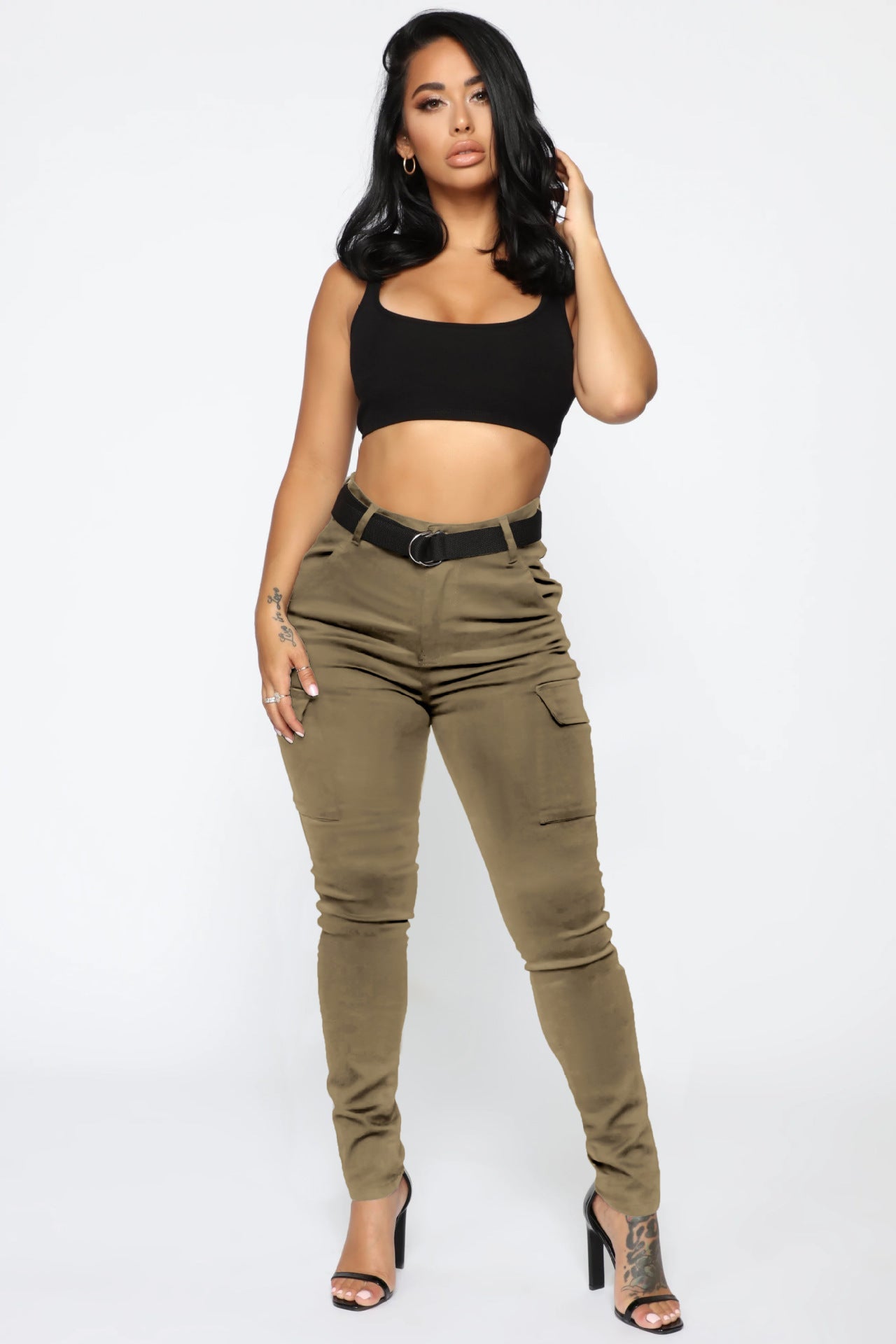 Casual women's four seasons stretch skinny sports trousers with belt, made by Plush Fashion Hub, shown in a relaxed fit.