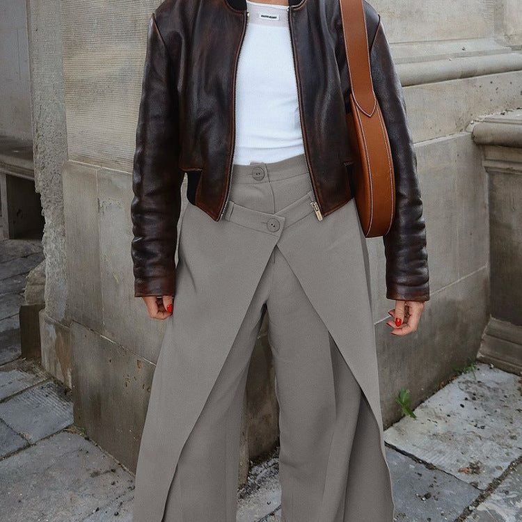 Bella Mia high waist wide-leg trousers for women featuring an irregular, casual design in spring attire.