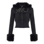 Bella Mia casual winter sweater coat and rhinestone sweatpants set with long sleeves, zipper, letter graphics, and furry details.