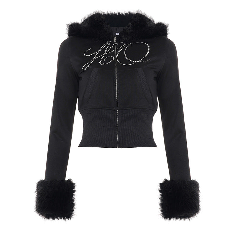 Bella Mia casual winter sweater coat and rhinestone sweatpants set with long sleeves, zipper, letter graphics, and furry details.