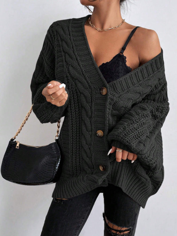 Women’s V-neck retro knit sweater by Bella Mia featuring loose fit, twist design, lantern sleeves, and cardigan style.