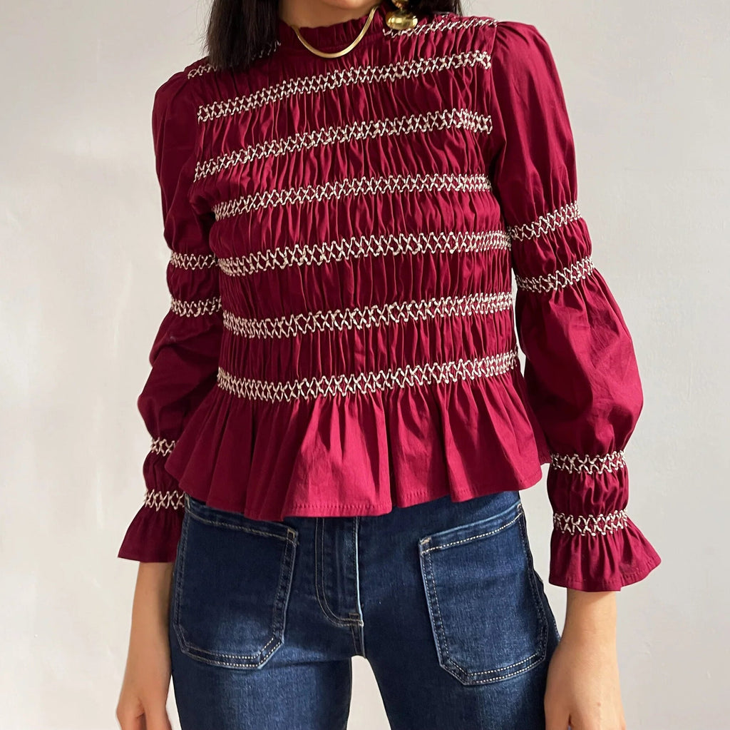 Bella Mia multicolor casual long-sleeve top with half high collar and smocking, suitable for autumn and winter wear.