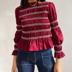 Bella Mia multicolor long-sleeve casual shirt with half high collar and smocking details, suitable for autumn and winter wear.