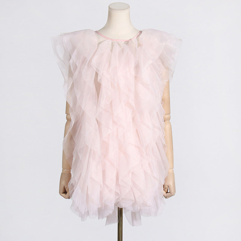 See-through organza sleeveless dress with irregular asymmetric ruffled stitching, designed for women by Plush Fashion Hub.