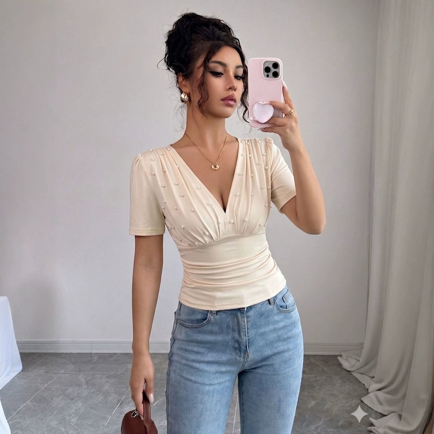 Summer V-neck handmade pearl short sleeve T-shirt for women, solid color, slim fit by Plush Fashion Hub