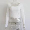 Women’s large round neck long sleeve ribbed knit top, casual and slim fit, perfect for autumn and winter wear.