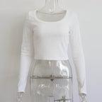 Women’s large round neck long sleeve ribbed knit top, casual and slim fit, perfect for autumn and winter wear.