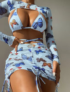 Butterfly print sexy four-piece swimsuit bikini with drawstring straps from Bella Mia, featuring vibrant butterfly designs.