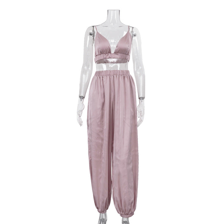 Women’s summer sleeveless vest and tapered trousers two-piece set by Plush Fashion Hub, loose fit, casual style.