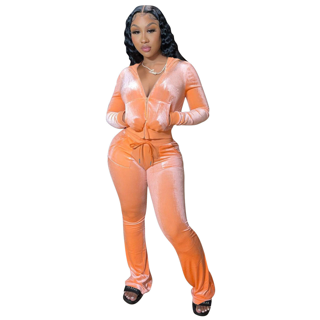 Women’s gold velvet casual hat and wide-leg pants two-piece set, stylish and comfortable bottoms from Wanita Store.