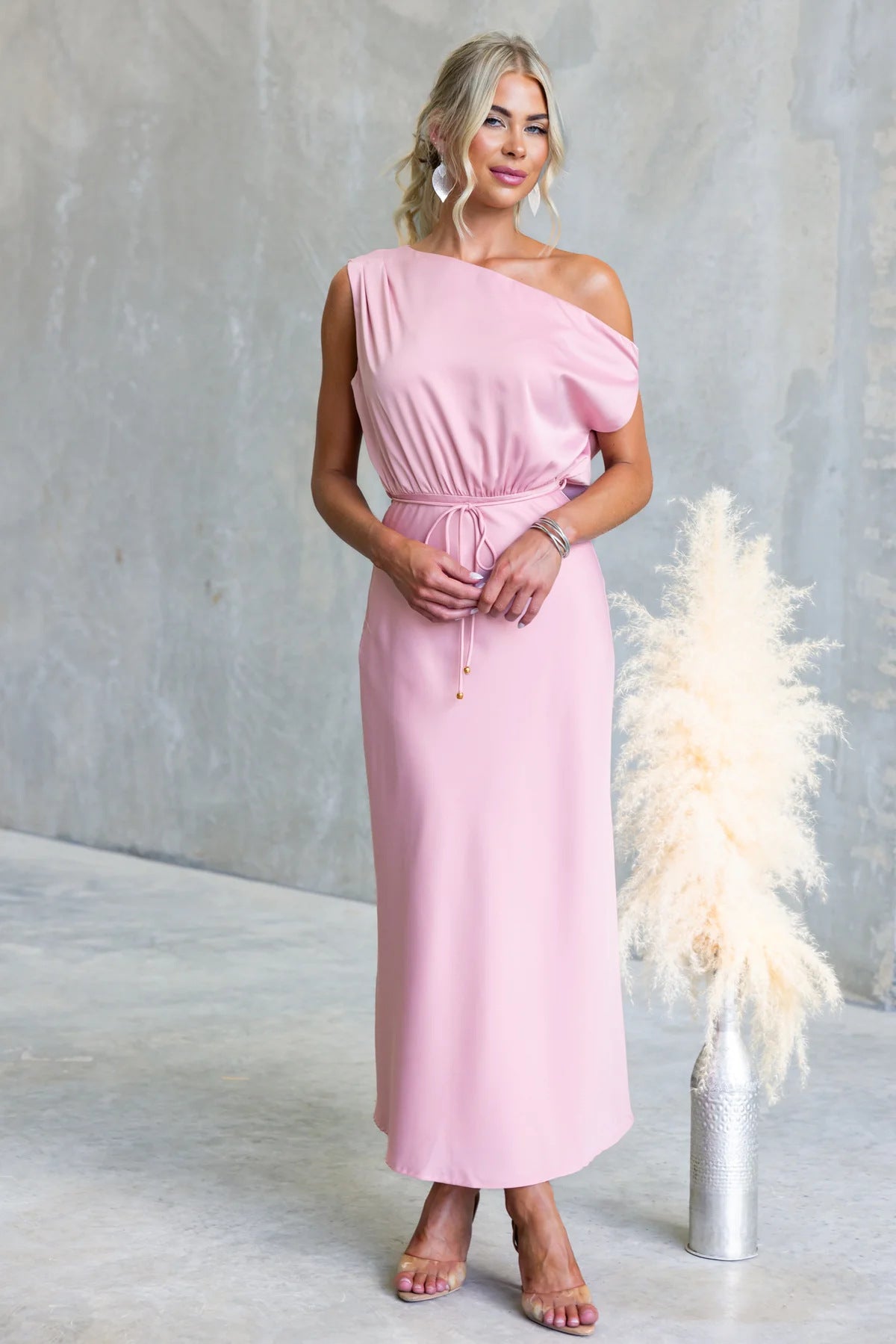 Summer cocktail dress by Plush Fashion Hub featuring a sloping shoulder, off-the-shoulder design, solid color, and tied detail.