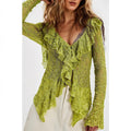 Lace V-neck women's autumn ruffles cardigan with long sleeves and short knitted top from Plush Fashion Hub.