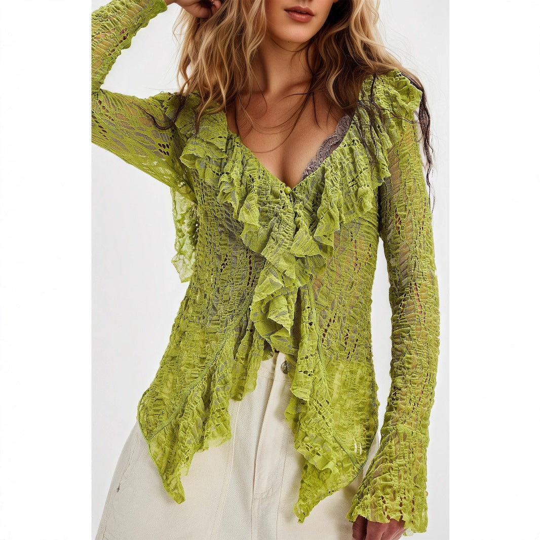 Lace V-neck women's autumn ruffle cardigan with long sleeves, short knitted top, from Plush Fashion Hub.