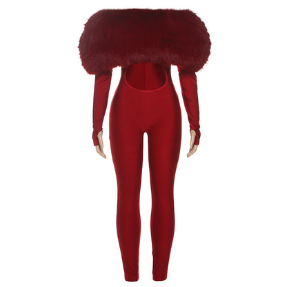 Autumn Winter Women off Shoulder Furry Stitching Sexy Cropped Long Sleeve Jumpsuit Women Bella Mia