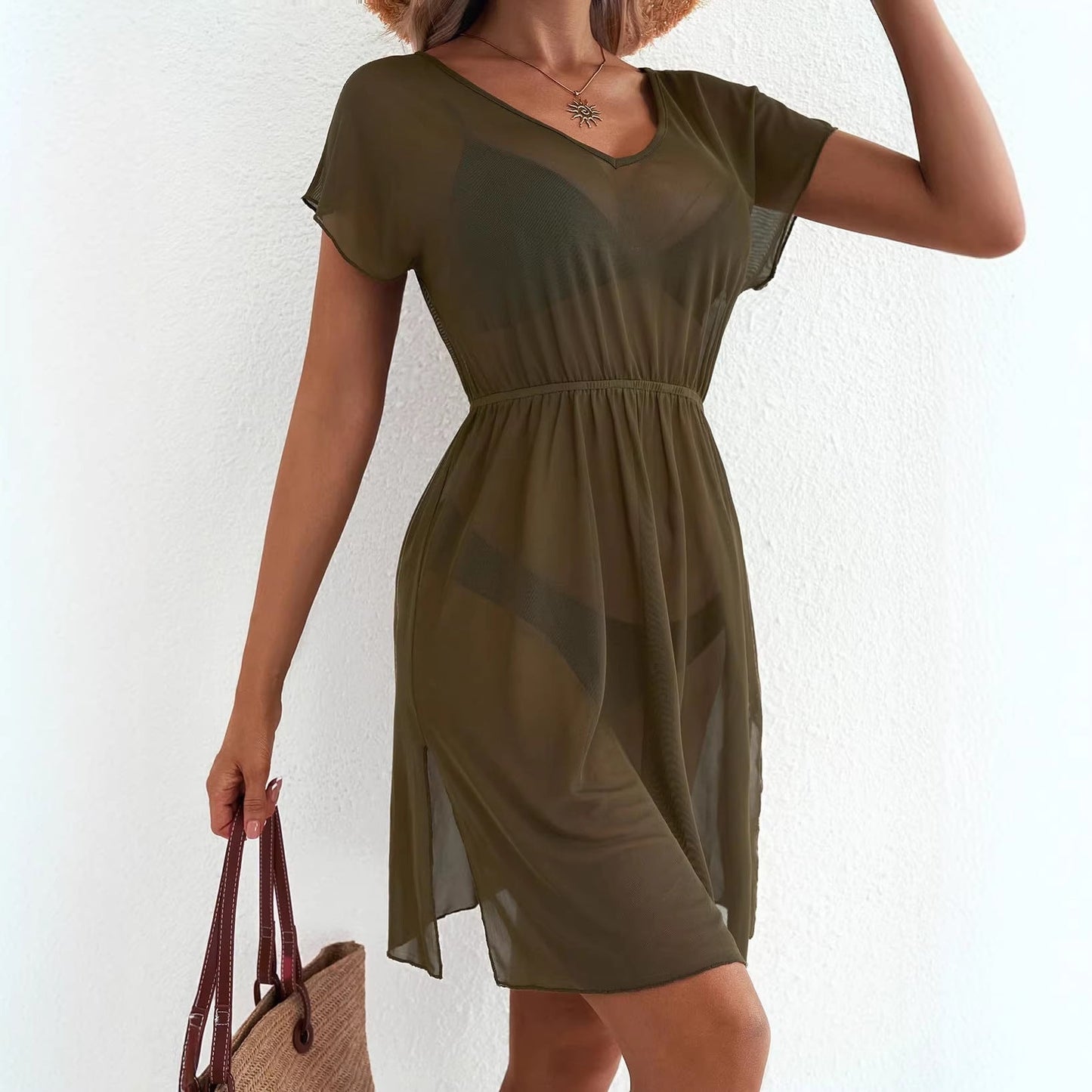 Casual V-neck sleeveless mesh dress with short sleeves and cinched waist by Plush Fashion Hub, perfect for warm weather.