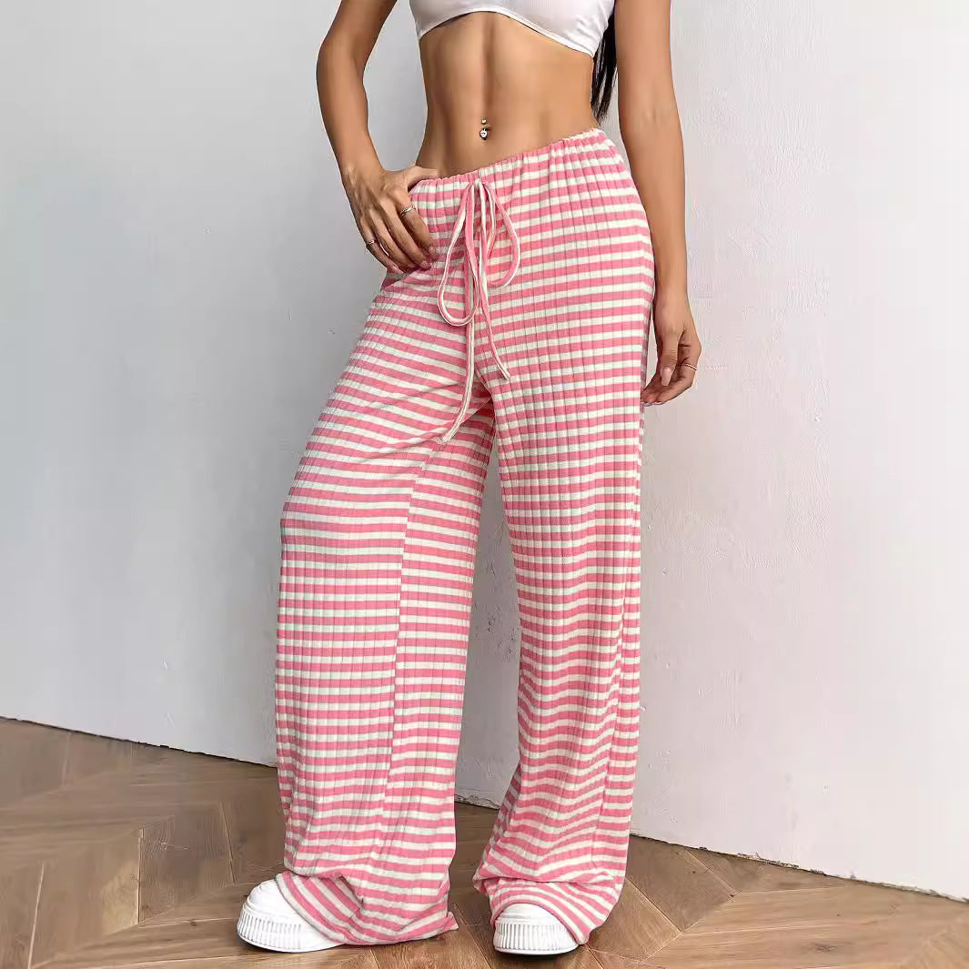 Women’s striped solid color straight-leg pants with drawstring waist and rubber band, casual autumn winter fashion by Plush Fashion Hub
