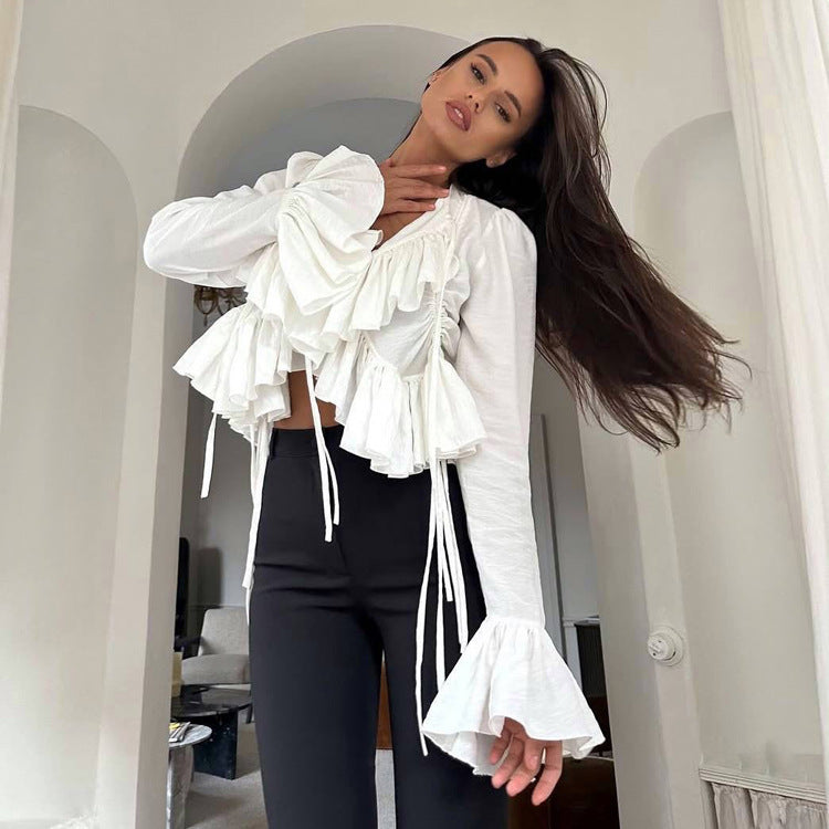 Bella Mia women's spring ruffled flare sleeve tie neck top, matching shirt with stylish details and feminine design.