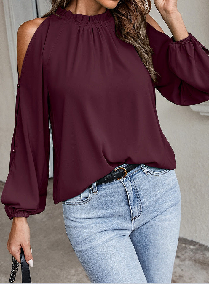 Bella Mia women's autumn winter blouse with solid color, lotus leaf collar, round neck, long sleeves, and pleated off-shoulder design