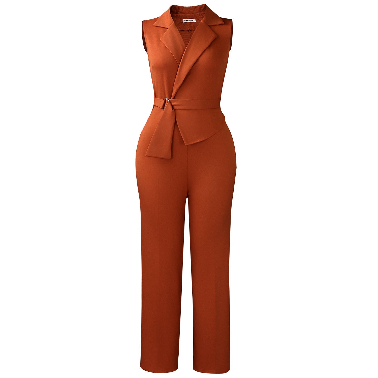 Summer solid color sleeveless collar jumpsuit with lace-up front and wide-leg pants from Plush Fashion Hub, shown in the image.
