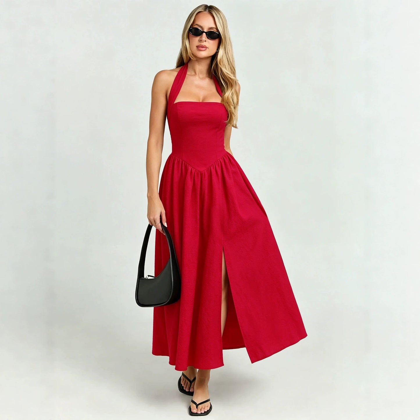 Red backless halter lace-up midi dress with waist trimming and large swing split, perfect for holiday occasions by Plush Fashion Hub