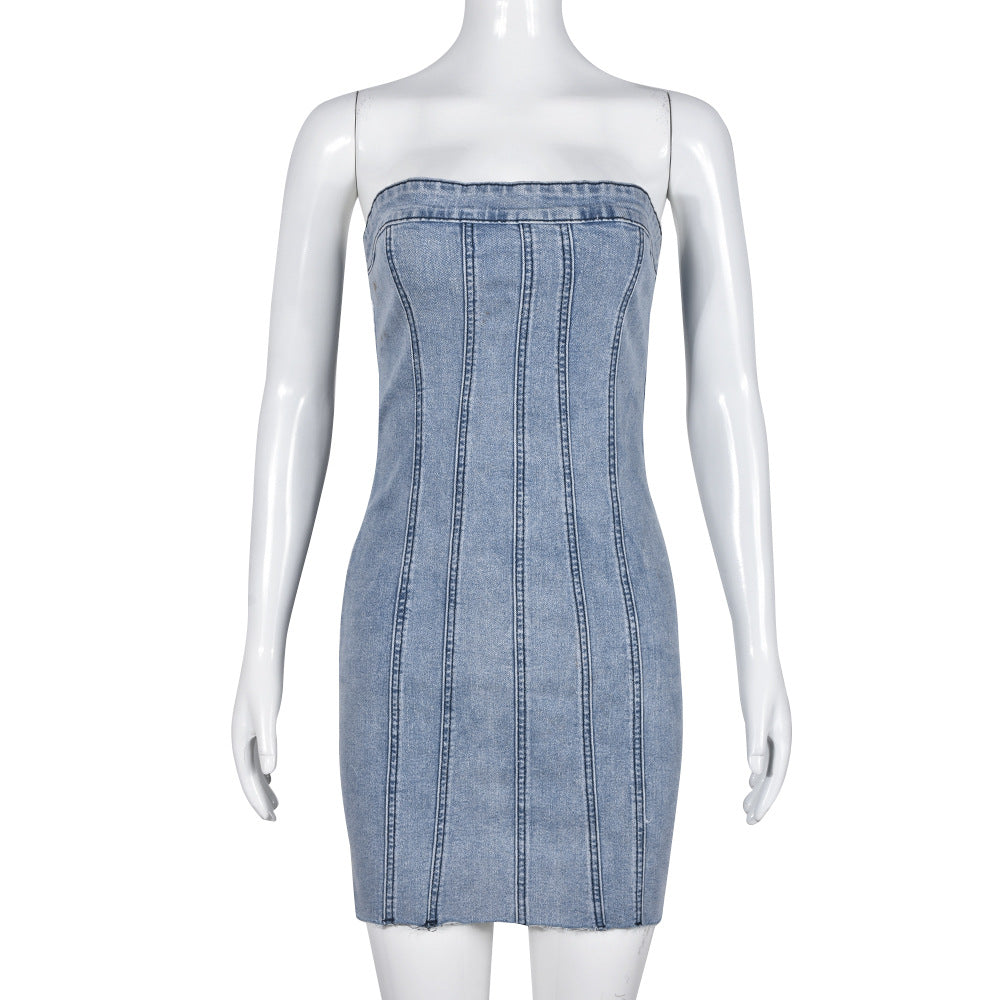 Bella Mia women's denim backless spring dress with wash finish, chest wrap, and sexy summer style.