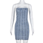 Bella Mia women's denim backless spring dress with wash finish, chest wrap, and sexy summer style.