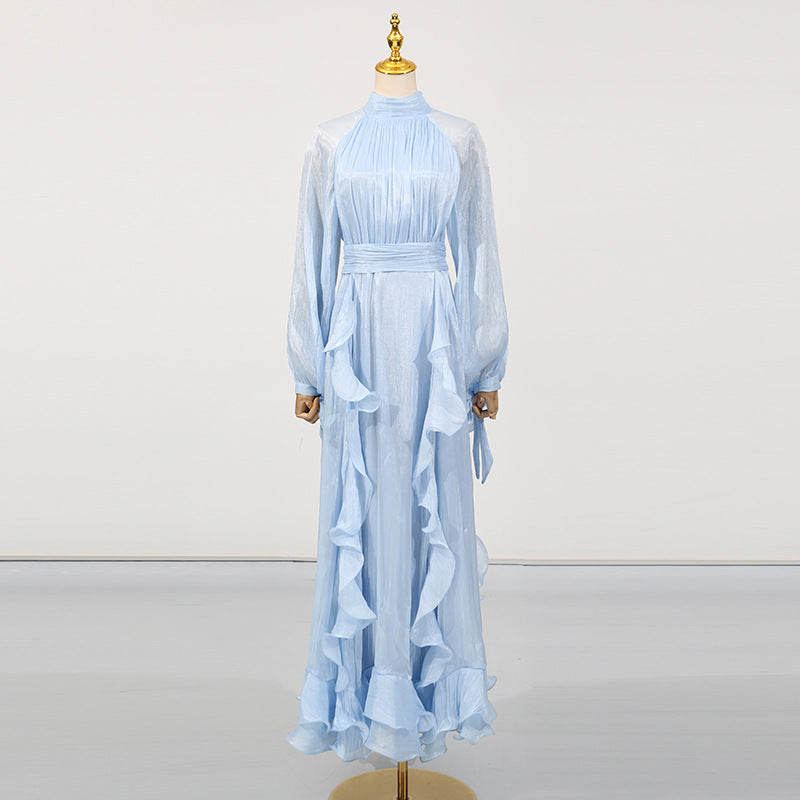 French Elegant Socialite Fairy Dress Summer Stand up Collar Puff Sleeve Pleated Waist Tight Dress Women Bella Mia