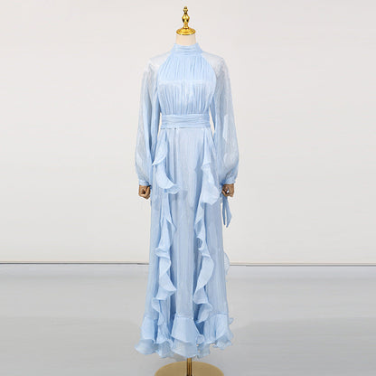 French Elegant Socialite Fairy Dress Summer Stand up Collar Puff Sleeve Pleated Waist Tight Dress Women Bella Mia