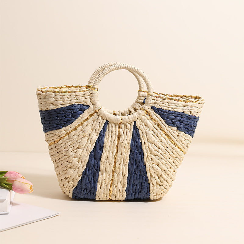 Bella Mia large straw-weaved tote bag with contrast handles, ideal for beach, vacation, or carrying vegetables or daily essentials.