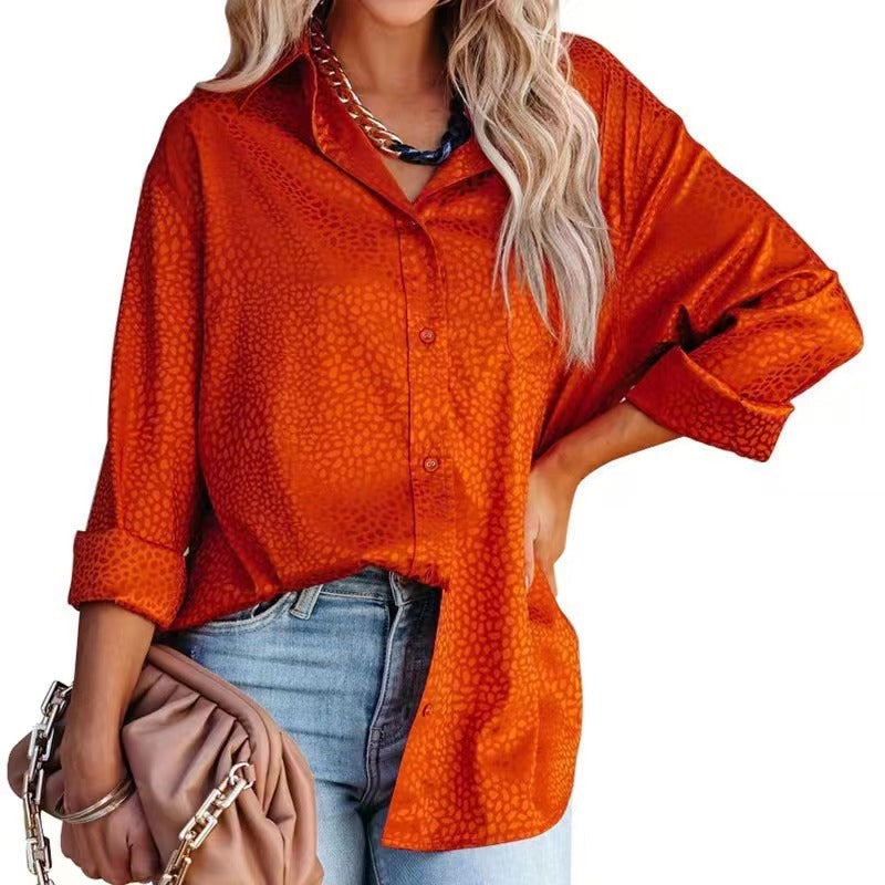 Women’s satin long sleeve top with gravel pattern from Bella Mia, featuring a loose fit and autumn comfort style.