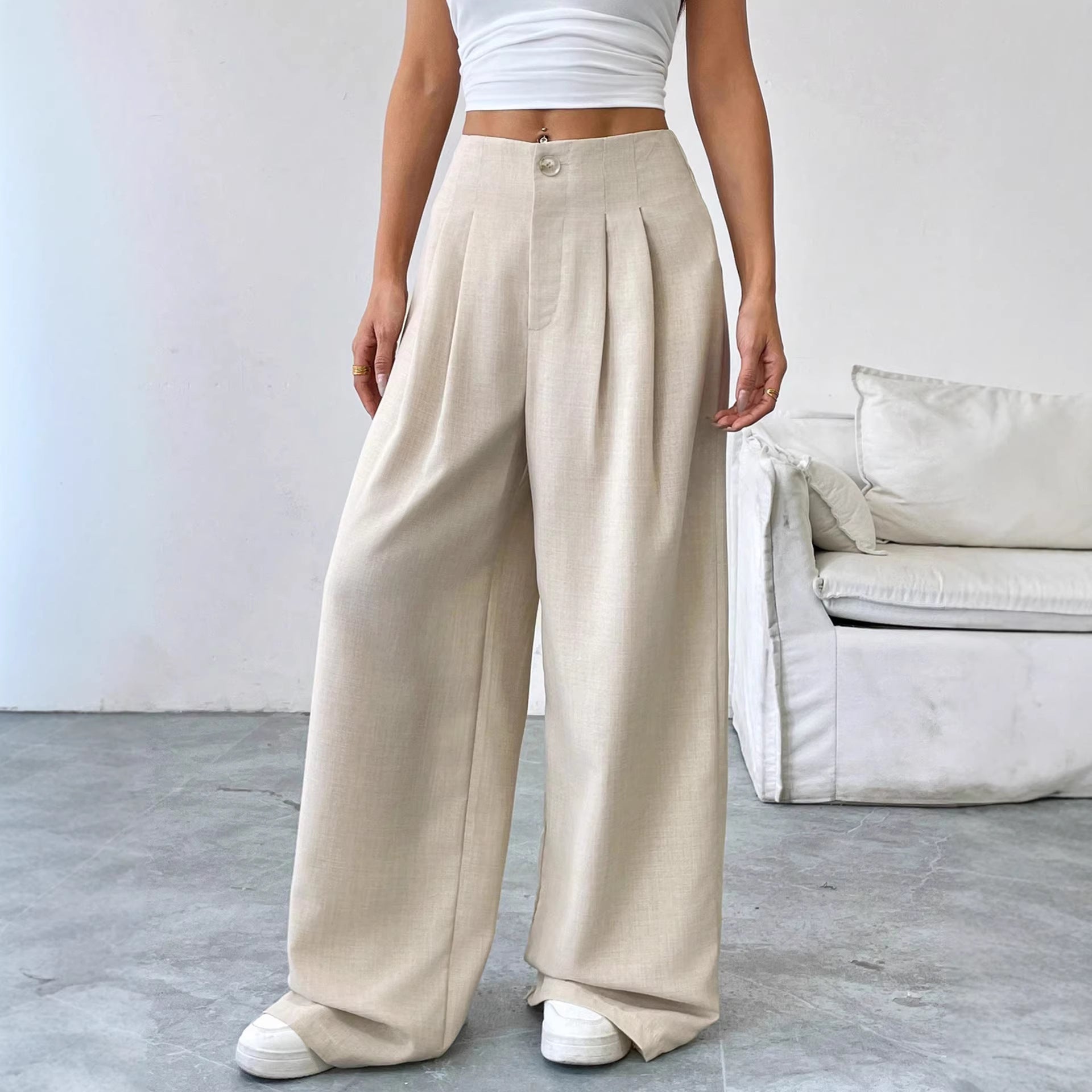 Light beige Bella Mia women's straight, loose autumn winter casual pants with a slimming, elegant, drooping design.