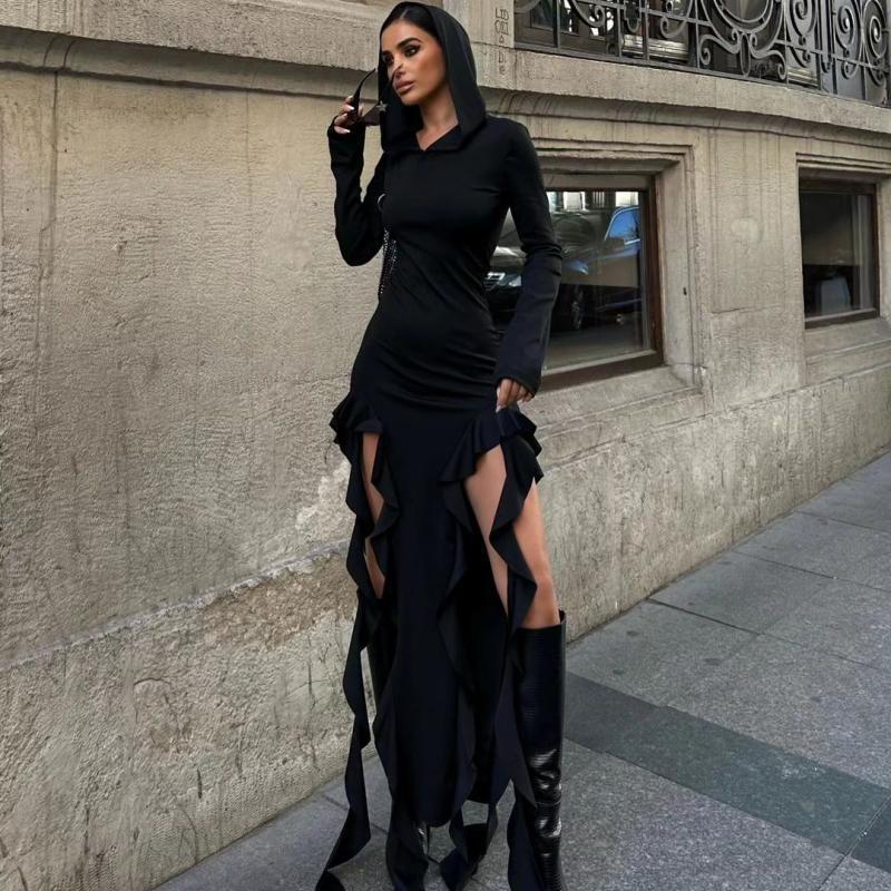Long sleeve hooded asymmetric dress with ruffled stitching in summer fashion, by Wanita Store.
