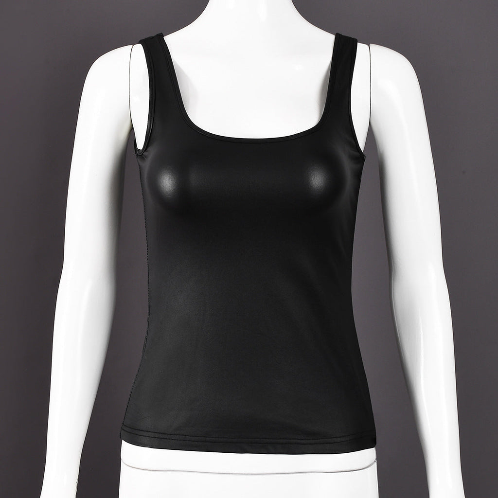 Women’s summer solid color coated shoulder strap vest with U collar, cropped style, by Bella Mia, featuring exposed design.