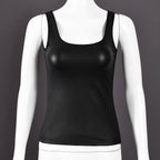 Women’s summer solid color coated shoulder strap vest with U collar, cropped style, by Bella Mia, featuring exposed design.