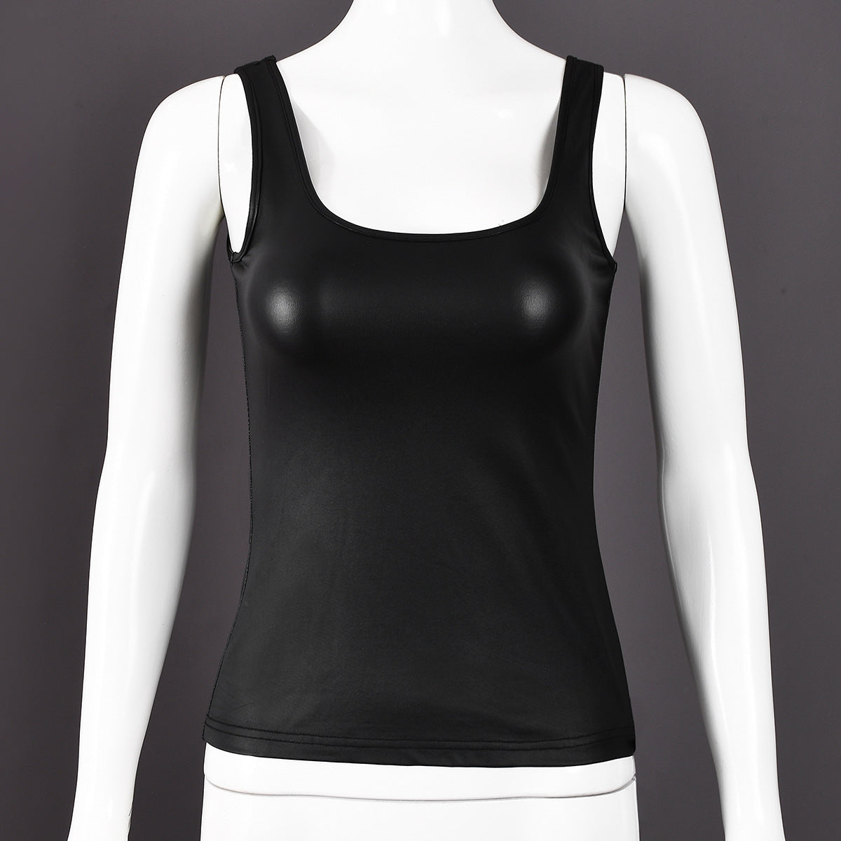 Women’s summer solid color coated shoulder strap vest with U collar, cropped style, by Bella Mia, featuring exposed design.
