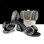 Women’s high heel slippers and cylindrical rhinestone bag set, featuring summer colors and matching accessories.