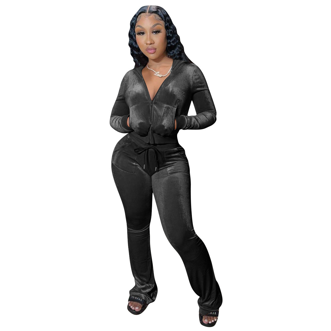 Gold velvet casual wide-leg pants from Wanita Store, part of a women’s two-piece set with solid color bottoms and comfortable fit.