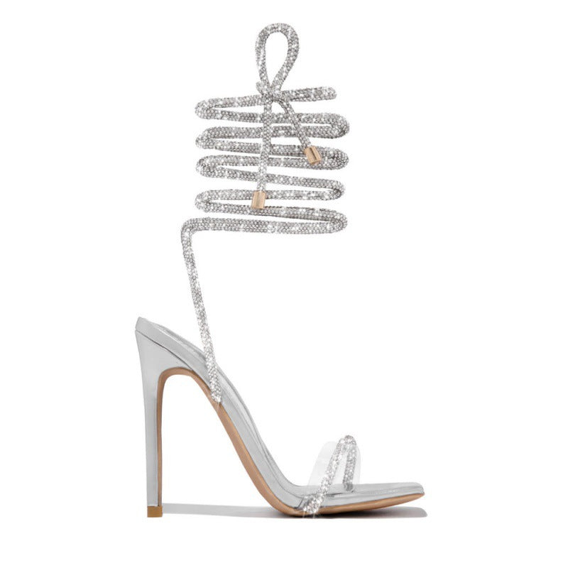 Summer casual women's high heel sandals with lace-up Roman pointed stilettos in beige, featuring comfortable stiletto heels.