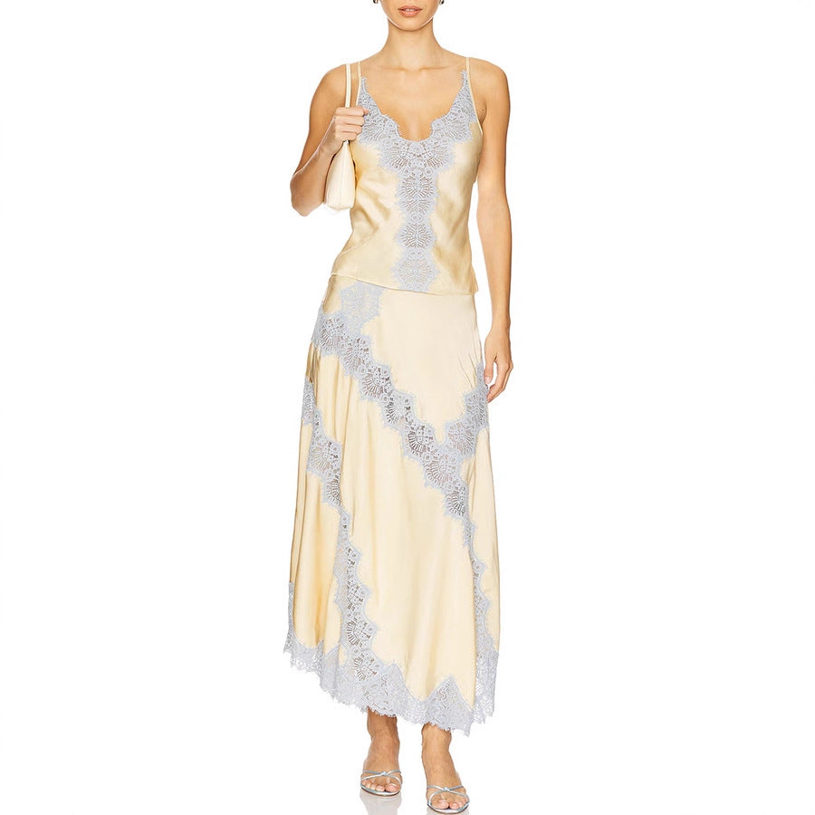 Elegant satin stitching skirt and suspender two-piece set with rings, casual and loose fit, by Plush Fashion Hub.
