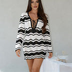 Bella Mia holiday dress, long sleeve striped sheath short dress with deep V neckline and lace-up detail, perfect for beach or casual wear