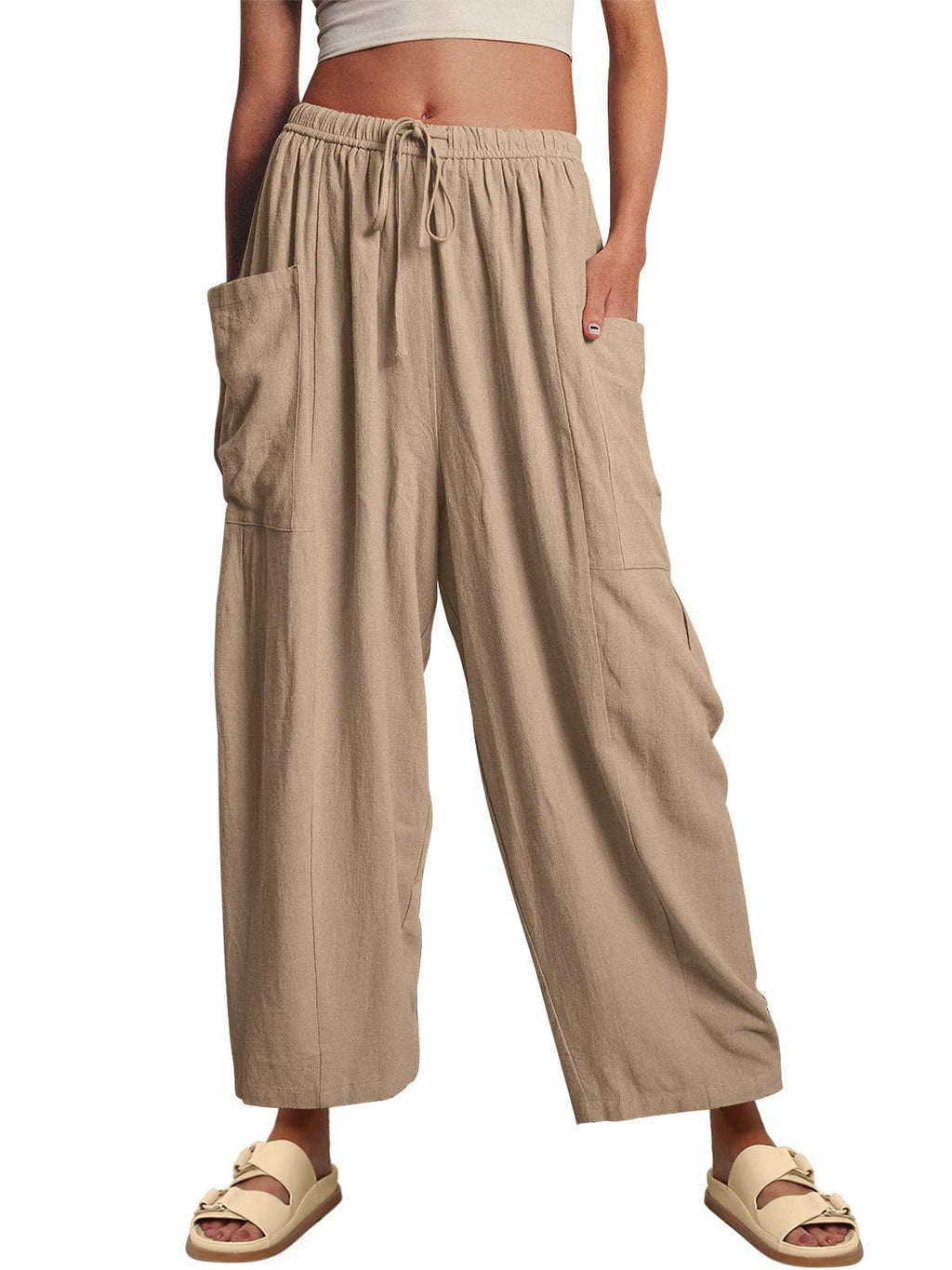 Women’s cotton linen wide-leg trousers with elastic waist, pleated high waist, casual loose fit, by Wanita Store.