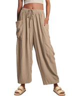 Women’s cotton linen wide-leg trousers with elastic waist, pleated high waist, casual loose fit, by Wanita Store.