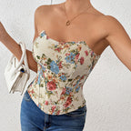 Plush Fashion Hub summer French retro floral print tube top with boning, corset style, and sexy outerwear bra design.