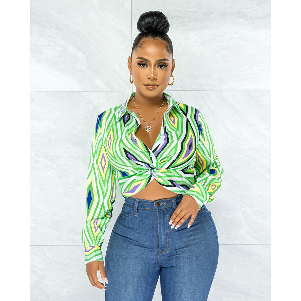 Women’s Bella Mia twist button shirt top with geometric pattern print, long sleeves and collar, casual stylish clothing.